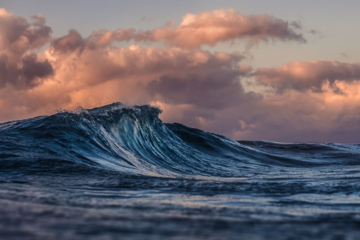 A close-up view of an ocean wave cresting under a cloudy sky at sunset, with warm light reflecting on the water and clouds.