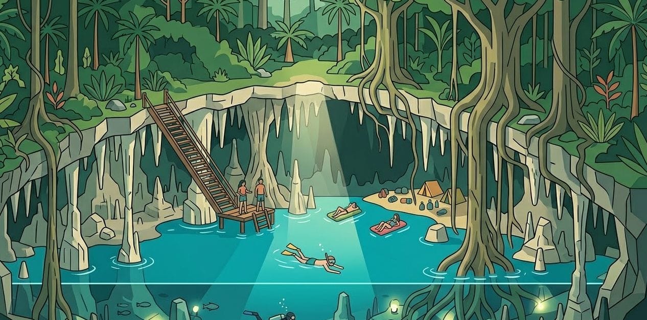 Illustration of people swimming, snorkeling, and relaxing around a blue cenote surrounded by lush jungle, rocky cliffs, tents, and wooden stairs leading into the water.